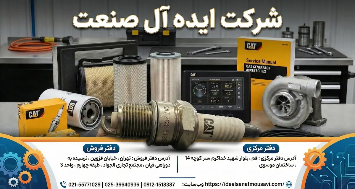 پوستر تبلیغاتی شرکت ایدهآل صنعت شامل تصویر لوازم جانبی ژنراتور گازسوز کاترپیلار (CAT)، آدرس دفاتر تهران و قم، شمارههای تلفن و آدرس وبسایت.