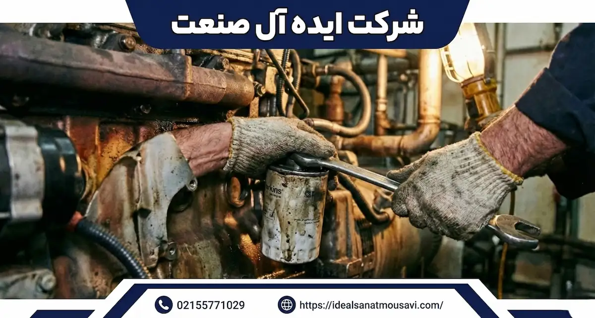 تعویض فیلتر روغن به عنوان یکی از مهمترین لوازم جانبی ژنراتور گازسوز پرکینز توسط تعمیرکار.