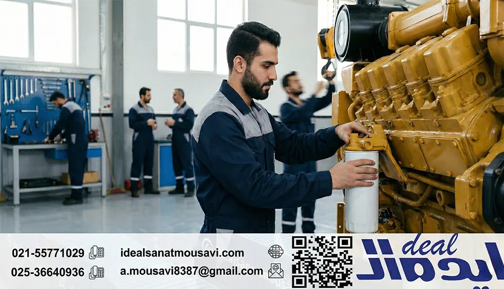تکنسین کارآزموده در حال تعویض فیلتر روغن ژنراتور گازسوز در کارگاه پیشرفته